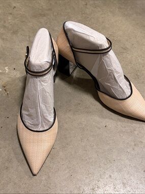 Franco Sarto Beige Pointed-Toe Mary Jane Heels with Black Trim